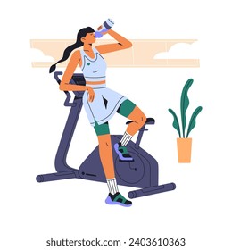 Sportswoman training on sport equipment, exercise bike. People cycling, practice endurance in the gym. Slim woman rests after cardio workout, drinks water. Flat isolated vector illustration on white