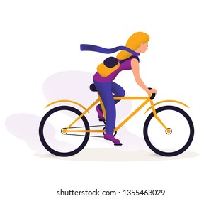 Sportswoman training vector illustration. Outdoor activity. Female cartoon character traveling. Eco transport image