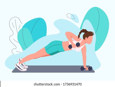 Sportswoman working out with dumbbells flat color vector faceless character. Woman in sportswear, fitness instructor training isolated cartoon illustration for web graphic design and animation