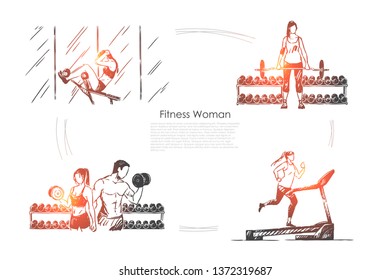 Sportswoman working out, sport activity, people training in gym, treadmill jogging, bodybuilding banner. Fitness exercise, healthy lifestyle concept sketch. Hand drawn vector illustration