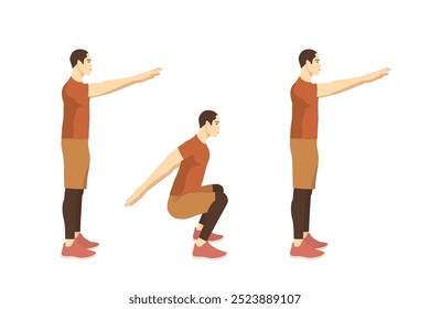 Esportistas do hindu Squats Exercício em 3 passos. Ilustração sobre o diagrama de treino para os músculos de glúteos e quadril e ombro.