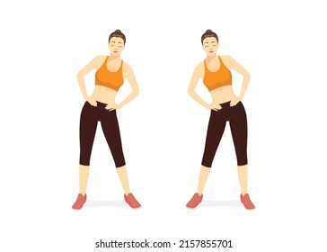 Sportswomen do Hip Circles Exercise in right and left sides. Illustration about workout diagram for warm up and cool down for muscles stretch. waist, belly, Abdominal.