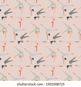 Sportswomen exercising legs raised apart. Seamless vector pattern.