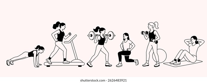 Sportswomen girls training in the gym. Lifting barbells and dumbbells, running on a treadmill, stretching. flat vector linear illustration