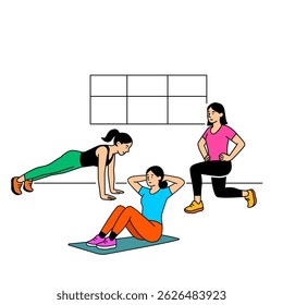 Sportswomen girls training in the gym. Lifting barbells and dumbbells, running on a treadmill, stretching. flat vector linear illustration