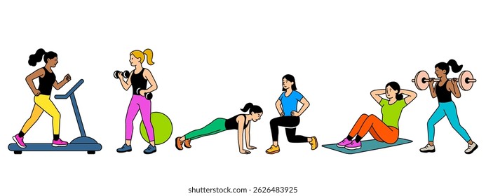 Sportswomen girls training in the gym. Lifting barbells and dumbbells, running on a treadmill, stretching. flat vector linear illustration