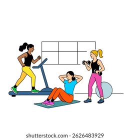 Sportswomen girls training in the gym. Lifting barbells and dumbbells, running on a treadmill, stretching. flat vector linear illustration