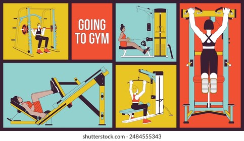 Sportswomen on gym equipment bento grid illustration set. Abs workout muscles exercising 2D vector image collage design graphics collection. Diverse female athletes flat characters moodboard layout