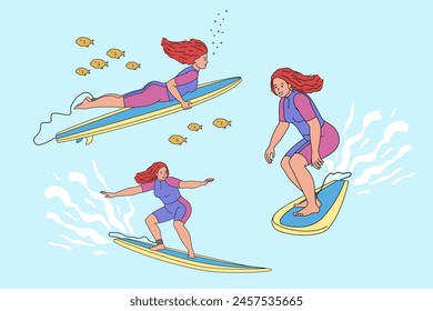 Sportswomen on a surfboard in different icon poses. A girl surfer catches a wave on her board. Water sports. Balancing at sea. Vector illustration isolated on blue background in flat style.