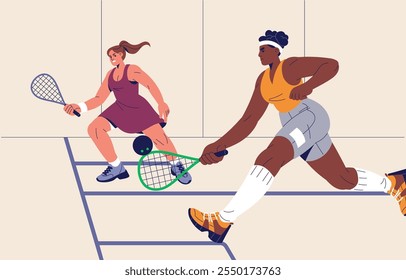 Sportswomen playing squash match indoor. Sports players run, hold rackets in hands. People play with racquets, ball in tournament. Championship, competition on tennis court. Flat vector illustration