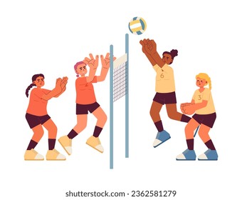 Sportswomen playing volleyball flat concept vector spot illustration. Team sport. Game with ball. Championship 2D cartoon characters on white for web UI design. Isolated editable creative hero image