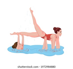 Sportswomen in red swimsuits. Sportswomen perform a beautiful choreographic element of synchronized swimming. The concept of group water sports competition. Cartoon style. Isolated vector illustration