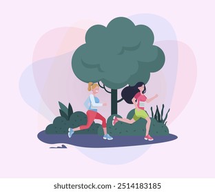 Sportswomen running marathon vector illustration. Athletes jogging in park. Activity, lifestyle, morning, competition concept for banner, web design or landing page