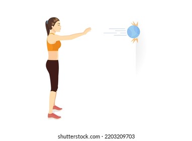 Sportswomen throw the ball straight and forward against the wall for catching the ball as it bounces back. Medicine Ball Chest Pass exercise.