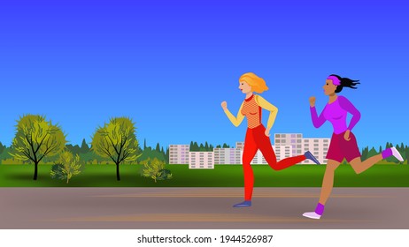 Sportswomen in tracksuits run in nature against the backdrop of houses and trees. Fitness training. Vector illustration with copy space.