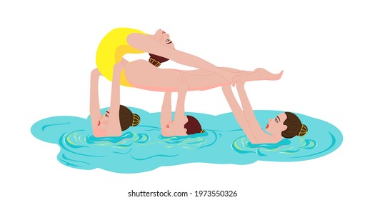 Sportswomen in yellow swimsuits. Sportswomen perform a beautiful choreographic element of synchronized swimming. Concept. Water sports. Cartoon style. Isolated vector illustrations.