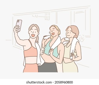 Sportwomen taking a photo. Hand drawn style vector design illustrations.