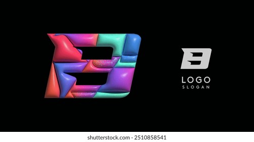 Sporty 3D bubble letter B, puzzle-like volume effect, vibrant Memphis-style cutout logo, glossy colorful design for dynamic youthful logos, shiny colored. Vector illustration