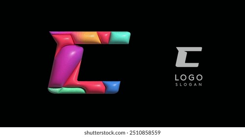 Sporty 3D bubble letter C, puzzle-like volume effect, vibrant Memphis-style cutout logo, glossy colorful design for dynamic youthful logos, shiny colored. Vector illustration