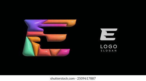 Sporty 3D bubble letter E, puzzle-like volume effect, vibrant Memphis-style cutout logo, glossy colorful design for dynamic youthful logos, shiny colored. Vector illustration