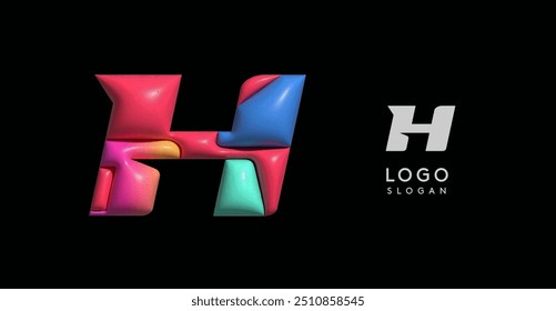 Sporty 3D bubble letter H, puzzle-like volume effect, vibrant Memphis-style cutout logo, glossy colorful design for dynamic youthful logos, shiny colored. Vector illustration