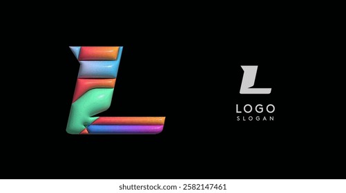 Sporty 3D bubble letter L, puzzle-like volume effect, vibrant Memphis-style cutout logo, glossy colorful design for dynamic youthful logos, shiny colored. Vector illustration