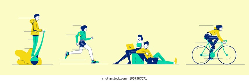 sporty activities of a woman and man set. men with the wheel electric balace , women are running. girl and men are working together, girl with a bicycle. illustration in cartoon style.