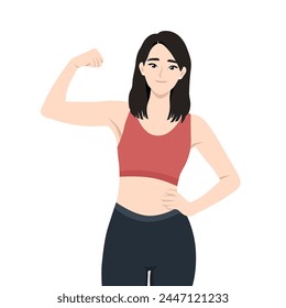 Sporty asian woman workout showing strong arm muscle and flexing biceps. Flat vector illustration isolated on white background