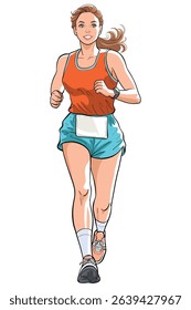 Sporty athletic female runner in a race. Wearing sportswear and a bib, shows determination and energy. Vector illustration for fitness, exercise, or healthy lifestyle, promoting active and wellness