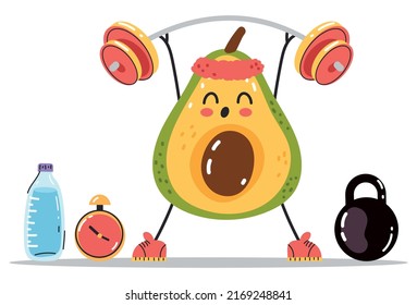 Sporty avocado character making exercise in gym composition. Vector flat graphic design element illustration