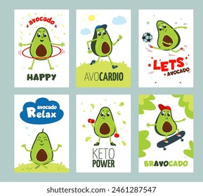 Sporty avocados cards. Motivation cute avocado athletes banners design. Sport training characters, meditation and runner, classy vector flyers