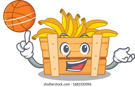 A sporty banana fruit box cartoon mascot design playing basketball