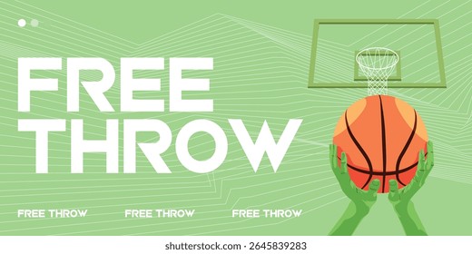 Sporty basketball banner Green half-color design with dynamic illustration of hand holding basketball, ready for free throw shot.