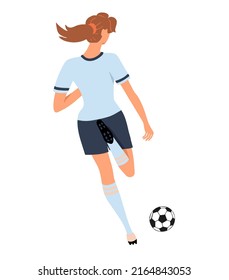 Sporty Beautiful Girl Soccer Player Kicking A Ball. Back View. Girl Running, Playing Football. Colorful Female Character Isolated On White Background. Vector Illustration.