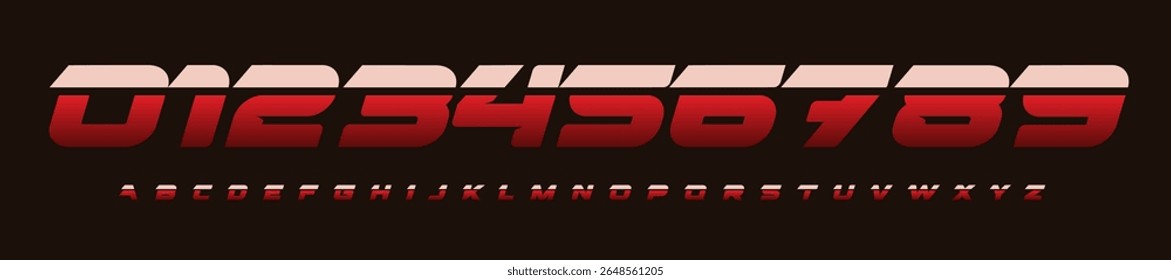 Sporty Bold Numbers and Alphabet Font with Dynamic Racing Style for Jerseys, Teams, Athletic. Number Packs for Action Sport Event Logo or Headline. Modern Typeface Design. Vector Illustration