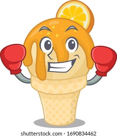 A sporty boxing athlete mascot design of orange ice cream with red boxing gloves