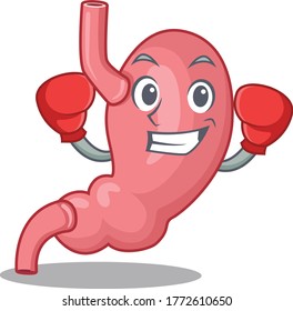 A sporty boxing athlete mascot design of human stomatch with red boxing gloves