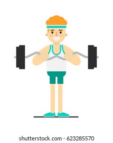 Sporty boy doing exercise with barbell isolated on white background vector illustration. Bodybuilding exercise, crossfit training concept in flat design.