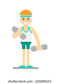 Sporty boy doing exercise with dumbbells isolated on white background vector illustration. Bodybuilding exercise, crossfit training concept in flat design.