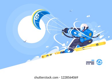 Sporty boy snowkiter on alpine skiing vector illustration. Snowkiting or Kite Skiing flat style concept. Extreme Winter Sports. Blue sky and bright sun on background