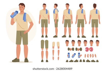Garoto esportivo vestindo roupas de boa forma segurando uma garrafa de água. Construtor de caracteres para animação. Vista frontal, lateral e traseira configuradas. Partes do corpo, posturas, posturas coleção. Ilustração vetorial.