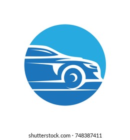 sporty car logo, sporty car within a circle , profile car with sport style, outline of sporty car logo, symbol design, isolated on white background.