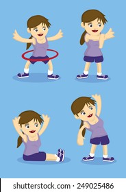 Sporty cartoon girl doing warm up and stretching exercises. Vector illustration for healthy lifestyle.
