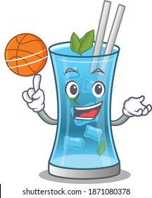 Sporty cartoon mascot design of blue hawai cocktail with basketball
