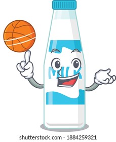 Sporty cartoon mascot design of bottle of milk with basketball. Vector illustration
