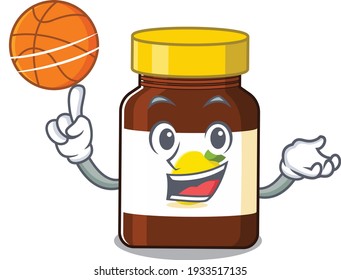 Sporty cartoon mascot design of bottle vitamin c with basketball