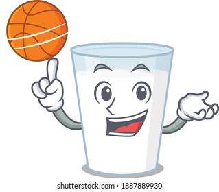 Sporty cartoon mascot design of glass of milk with basketball. Vector illustration