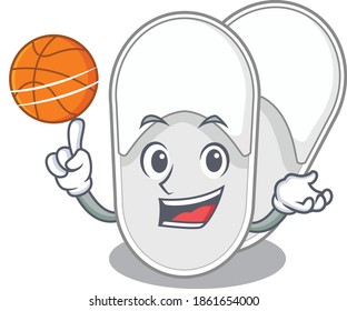 Sporty cartoon mascot design of hotel slippers with basketball