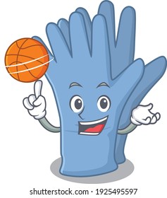 Sporty cartoon mascot design of medical gloves with basketball