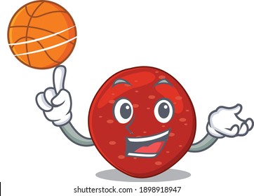 Sporty cartoon mascot design of peperoni with basketball. Vector illustration